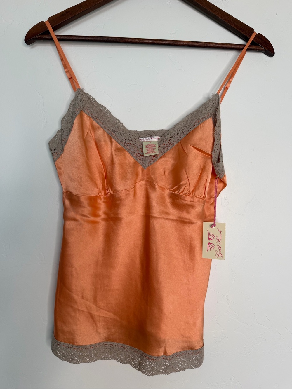 Gold Hawk 100% Silk Cami Tank Orange Twist Lace Trim Y2K NWT Small